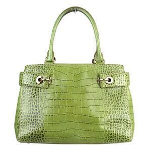 LARGE Ann Taylor GREEN GENUINE LEATHER CROCO PRINT TOTE SHOULDER BAG HANDBAG